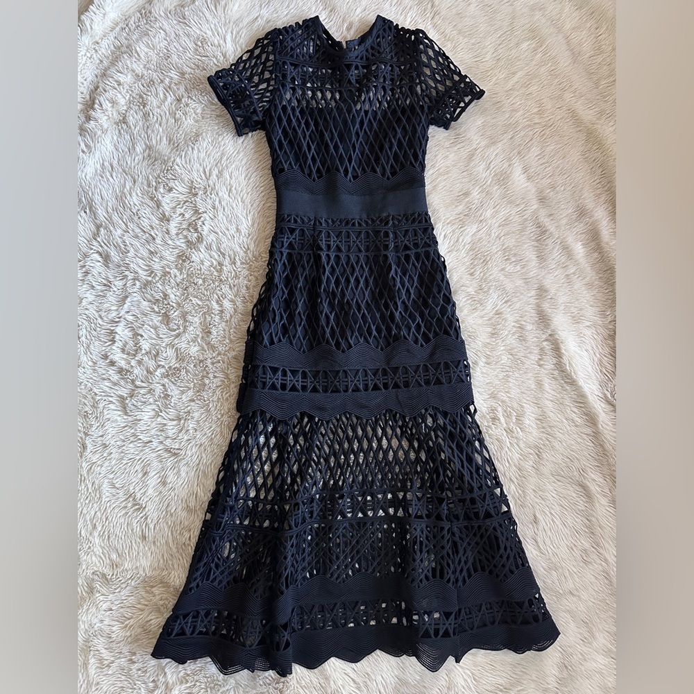 Self Portrait Black Cut Out Lace Layered Midi Dress Size 0 - Picture 2 of 16